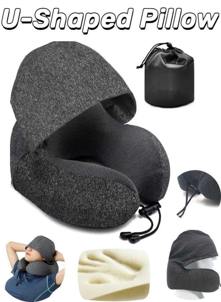 Hooded U-shaped Travel Pillow, Memory Foam Travel Pillow, Airplane Head and Neck Pillow, Portable Office Pillow, Car and Train Long Haul Flight Sleeping Pillow (Snowflake Black)
