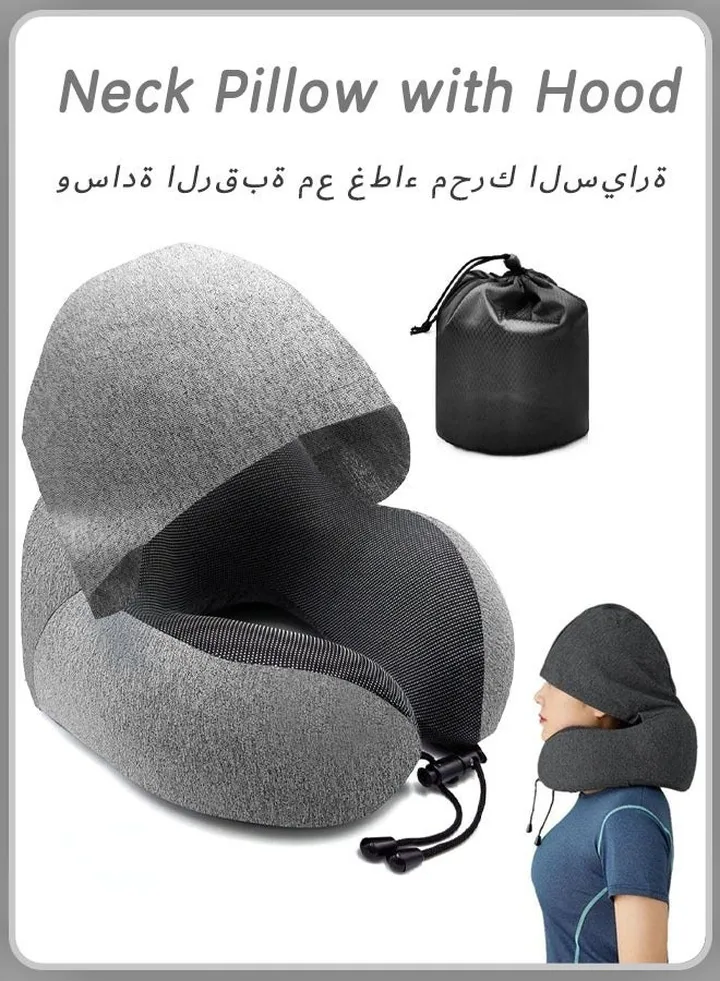 Travel Neck Pillow with Hood Adult Travel Must Haves Airplane Hoodie Pillow Premium Quality Memory Foam Fit for Office Car Ride Sleeping Kit