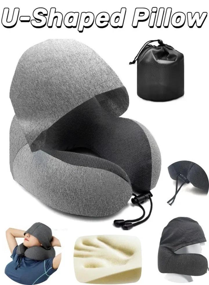 Hooded U-Shape Travel Pillow, Memory Foam Travel Pillow, Airplane Head and Neck Pillow, Portable Office Pillow, Car and Train Long Haul Flight Sleeping Pillow (Cotton Grey)