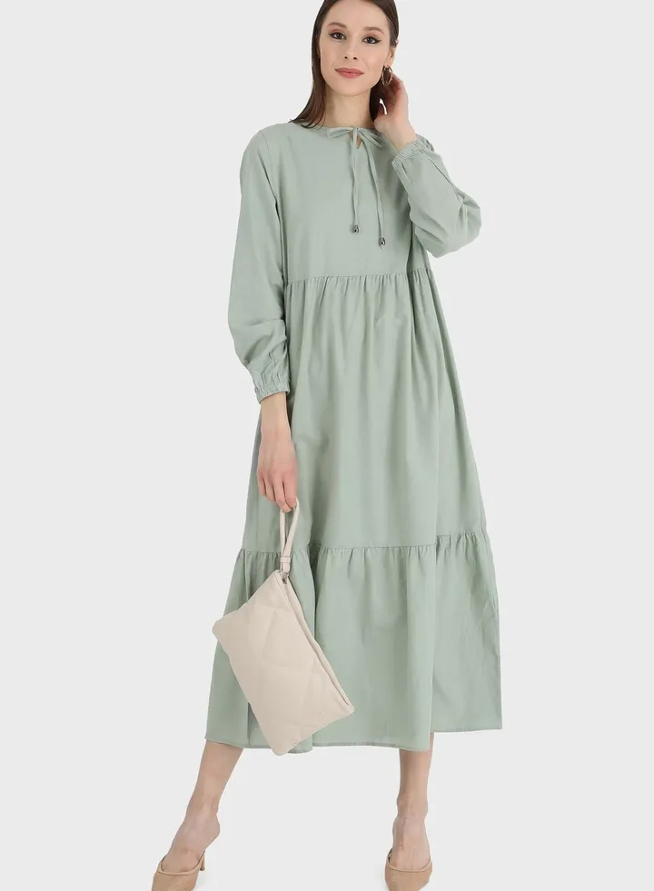 Balloon Sleeve Tie Neck Tiered Dress