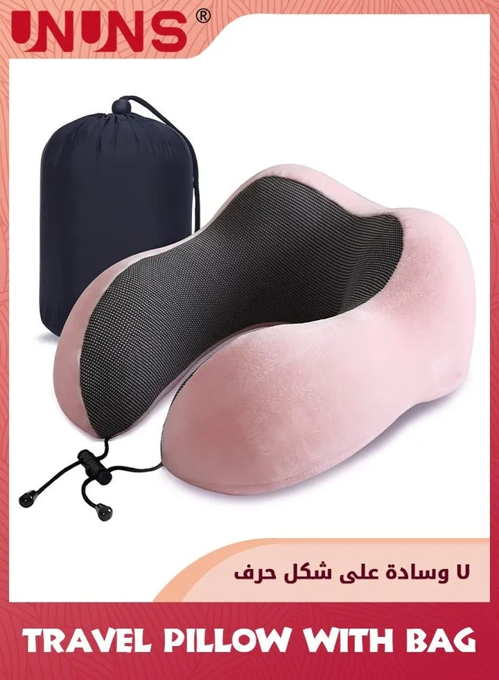Travel Neck Pillow,100% Pure Memory Foam Neck Pillows For Airplane Car Home Use,Sleeping Head Support Pillow With Eye Masks,Earplugs And Storage Bag,Comfortable Breathable Cover,Pink