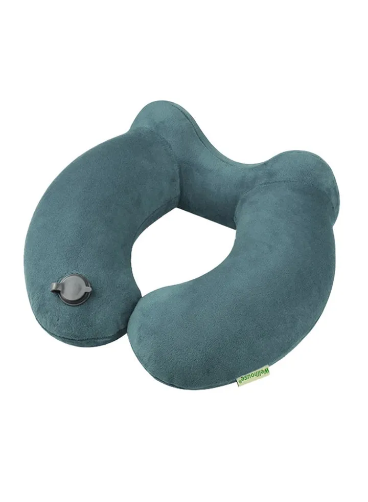 Inflatable Neck Pillow Travel Airplane Pillow With Ear Plugs Eye Mask And Drawstring Bag Light Blue