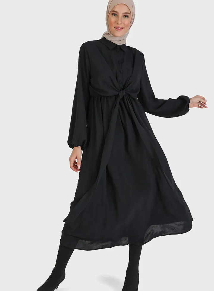 Balloon Sleeve Tie Detail Dress