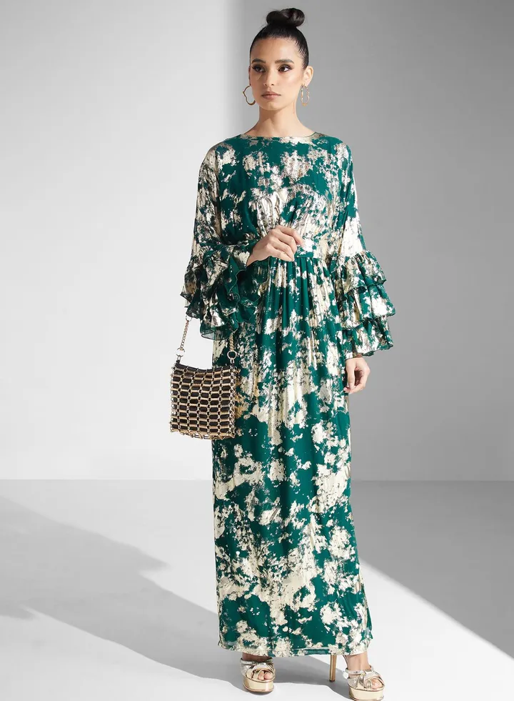 Ruffle Sleeve Printed Dress