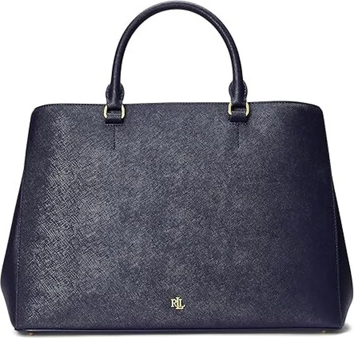 LAUREN Ralph Lauren Crosshatch Leather Large Hanna Satchel (French Navy) Handbags