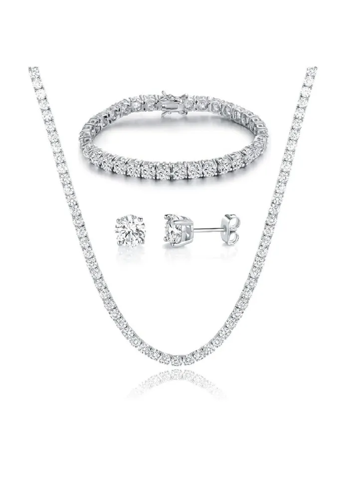 Tennis Set Of Zircon Stones-collage-bracelet-earring (silver)