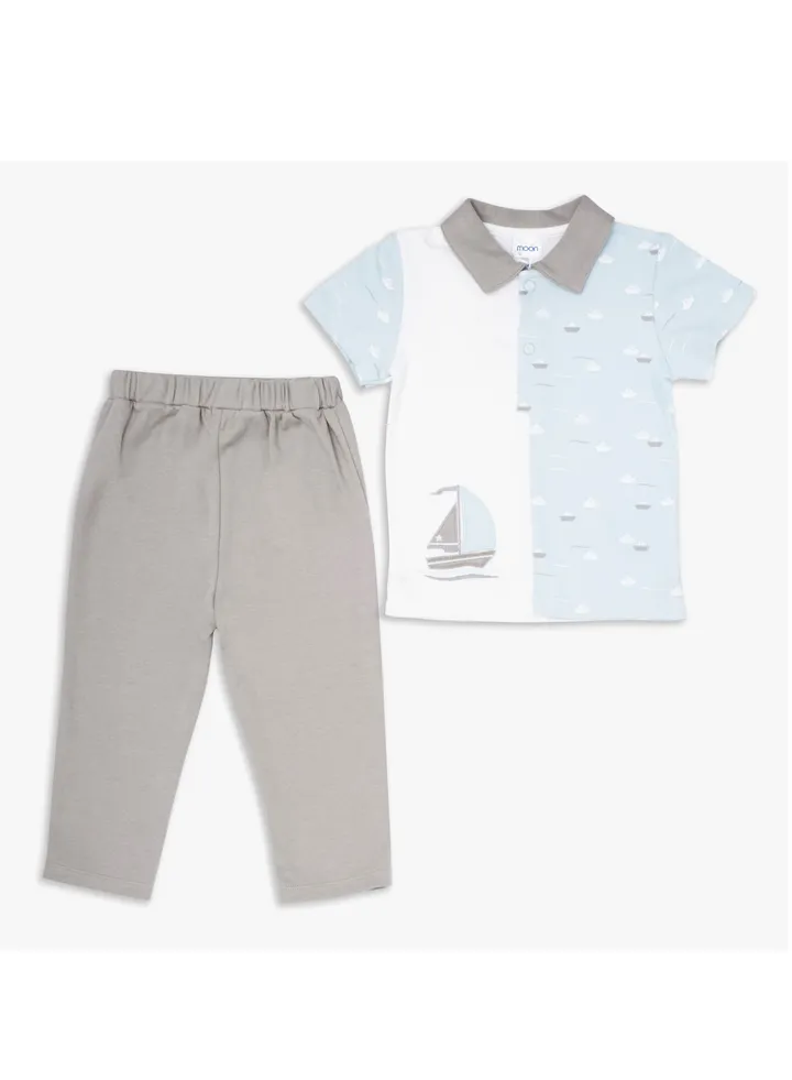 MOON 100% Cotton Polo T-Shirt and Long Pant 12-18M Teal - Little Boat