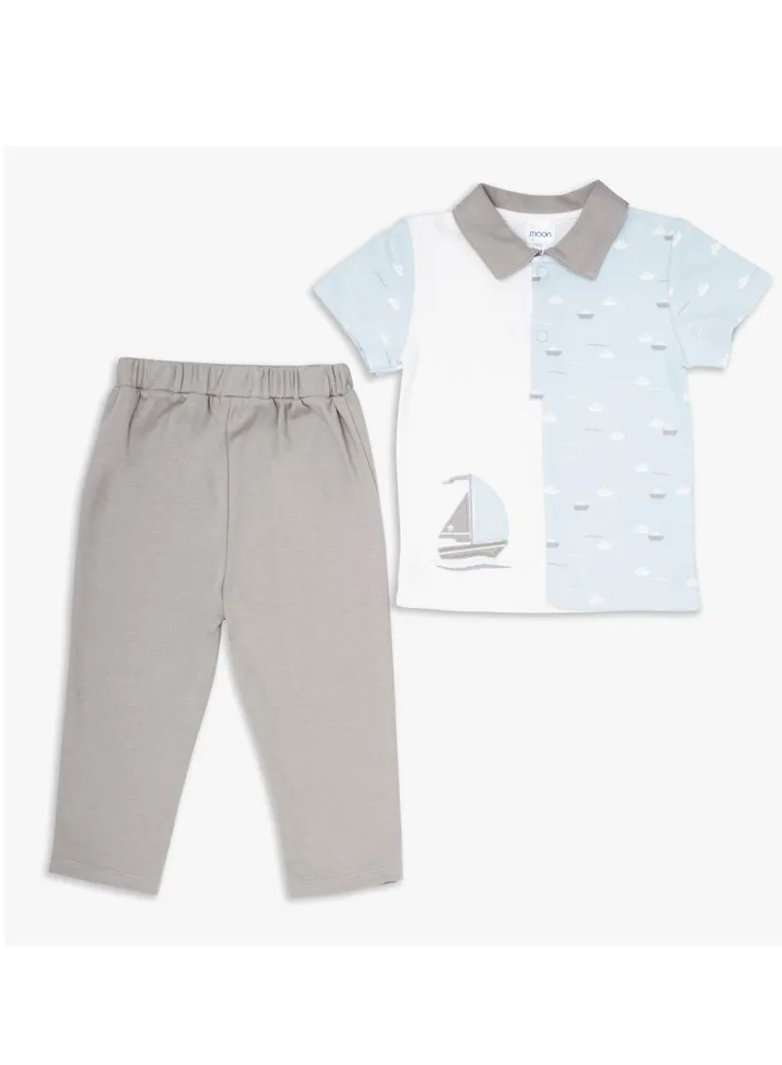 MOON 100% Cotton Polo T-Shirt and Long Pant 9-12M Teal - Little Boat