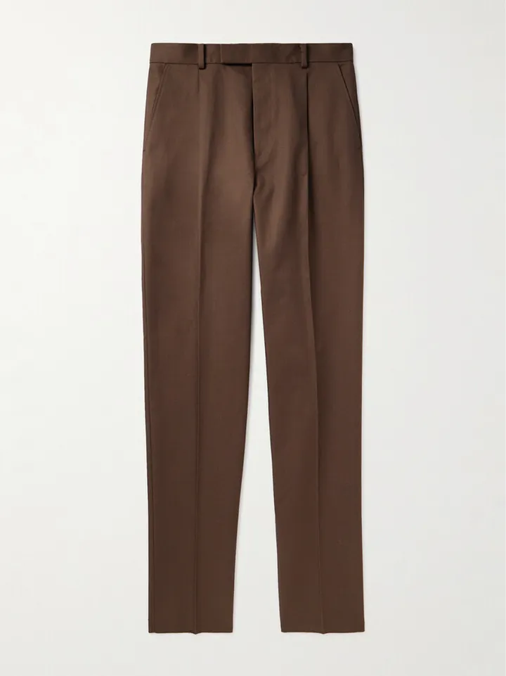 Straight-Leg Pleated Cotton-Twill Trousers