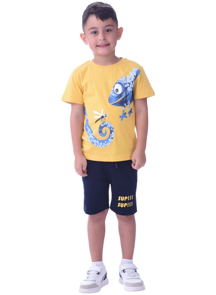 Kids Boys 2 piece Set - T-Shirts & Shorts -Yellow/Navy Blue (100% Cotton)