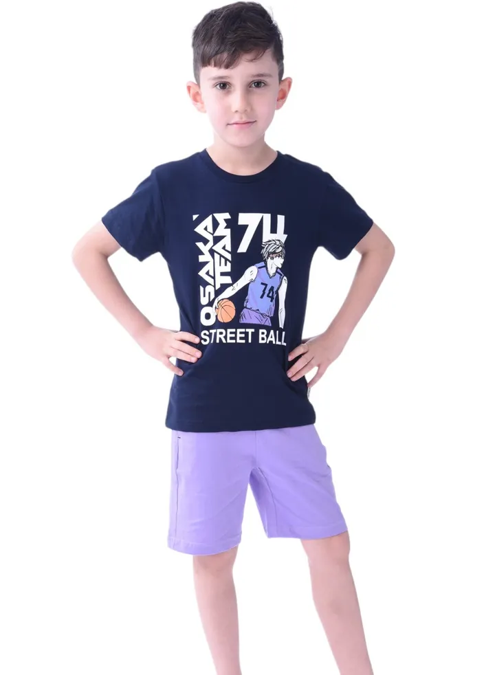 Kids Boys 2 piece Set - T-Shirts & Shorts - Street Ball T-shirt & Shorts-Lilac/Navy
