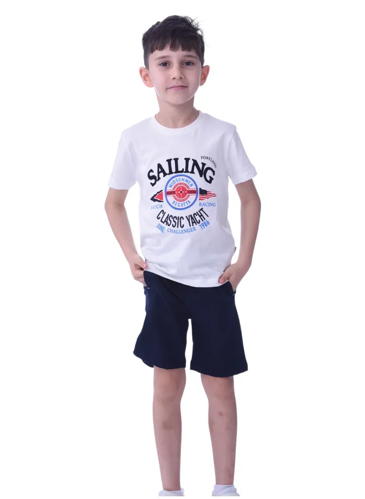 Kids Boys 2 piece Set - T-Shirts & Shorts -White and Blue (100% Cotton)