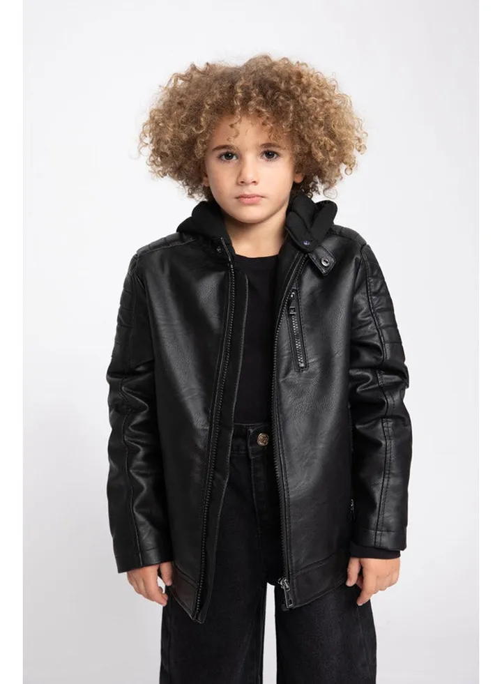 Boy Band Neck Long Sleeve PU Coat