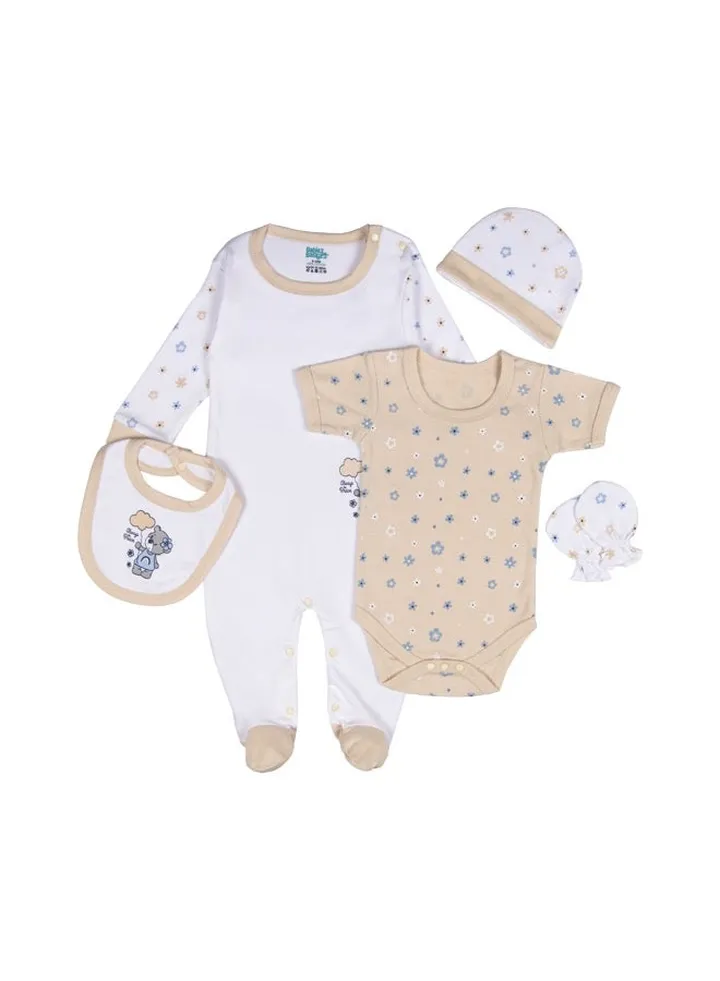 Babiesbasic 5 piece unisex 100% cotton Gift Set include Bib, Romper, Mittens, cap and Sleepsuit/Jumpsuit