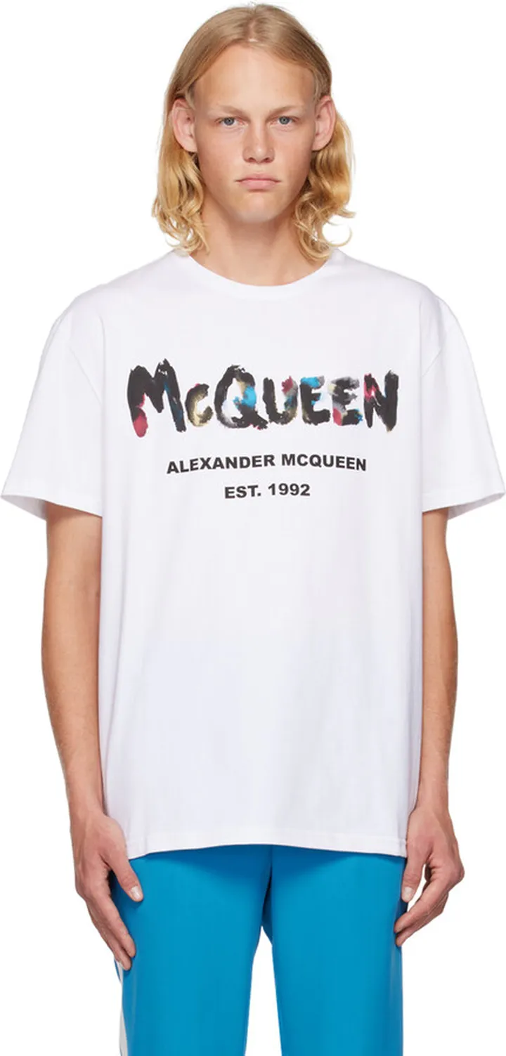 Alexander McQueen White Watercolor Graffiti T-Shirt