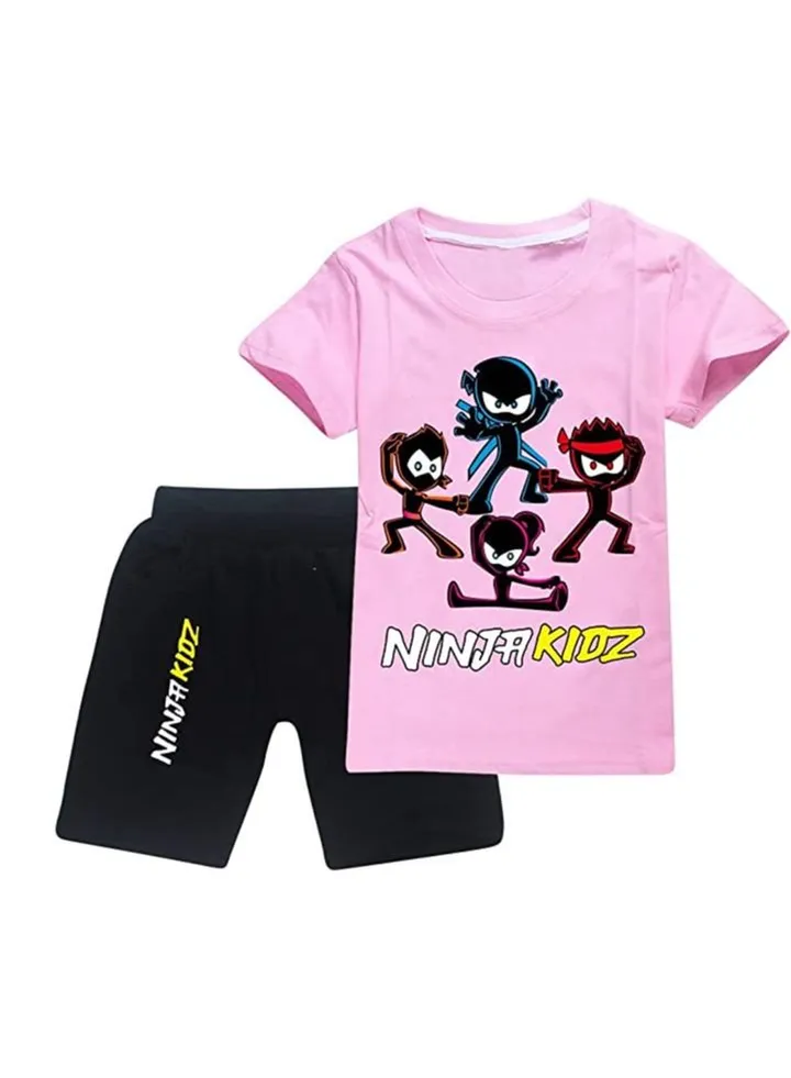 Ninja Kids Unisex Summer Kids Cartoon Short And Sleeve T-Shirt Pink