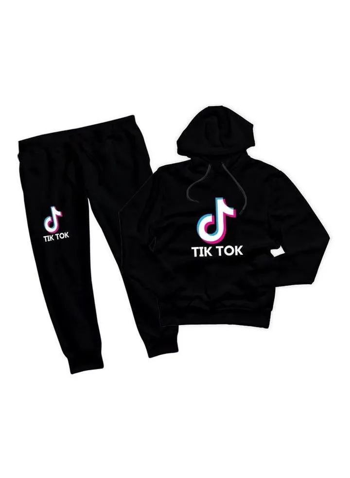 Tik Tok Print Hoodie And Pants Set Black
