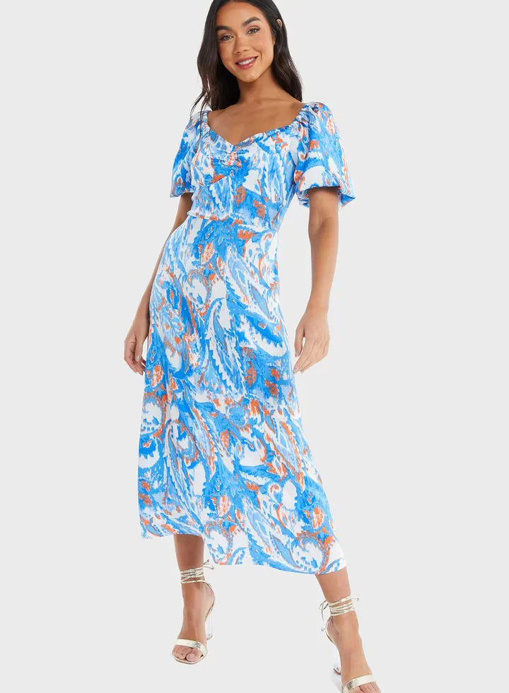 Balloon Sleeve Floral Printed Dress