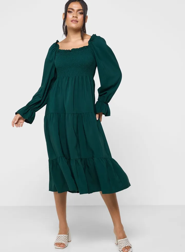 Puff Sleeve Shirred Detail Dress