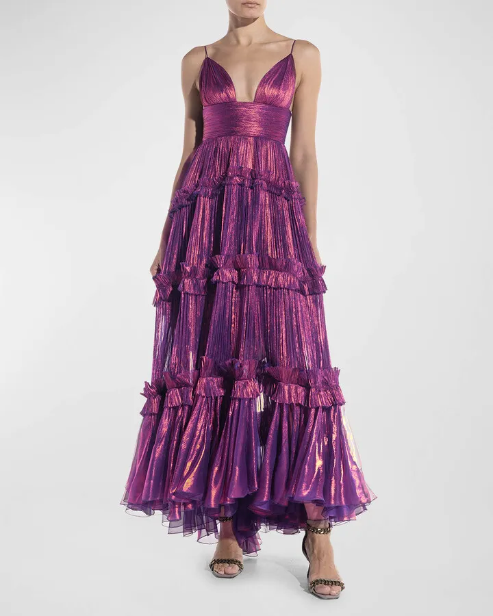 Elaine Plunging Metallic Plisse Tiered Gown