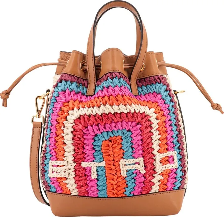 Multicolor rafia and leather shoulder bag wirh frontal logo