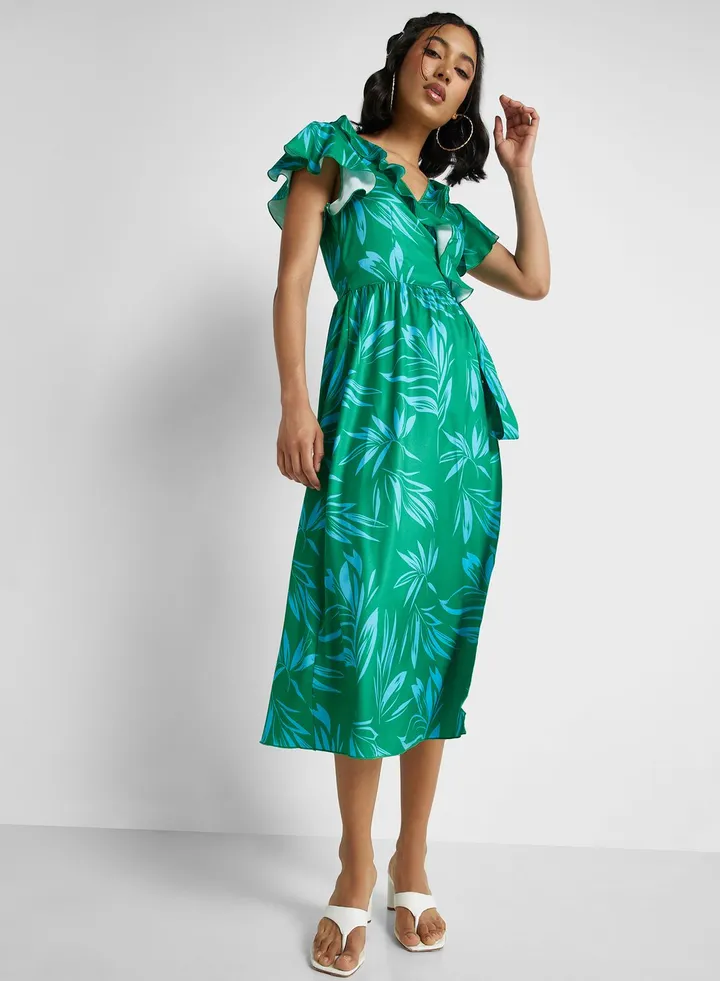 Ruffle Sleeve Wrao Midi Dress