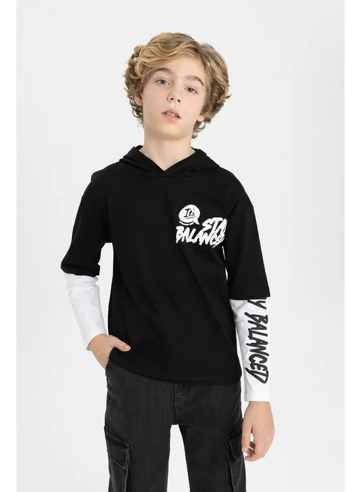 Boy Oversize Fit Hooded Knitted Long Sleeve T-Shirt