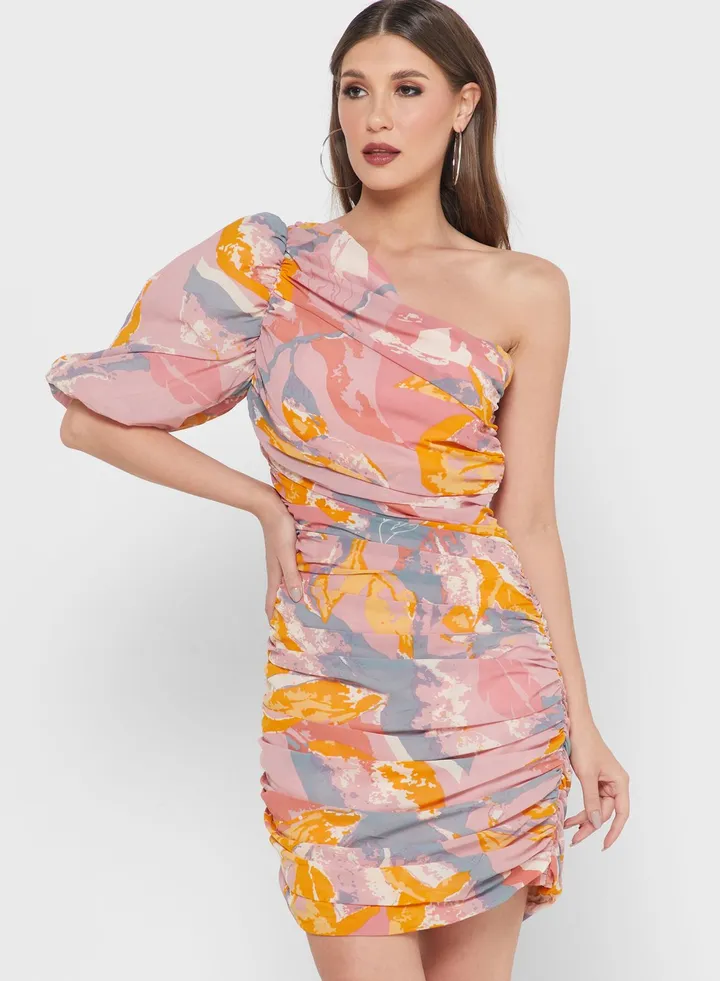 One Shoulder Printed Ruched Dress