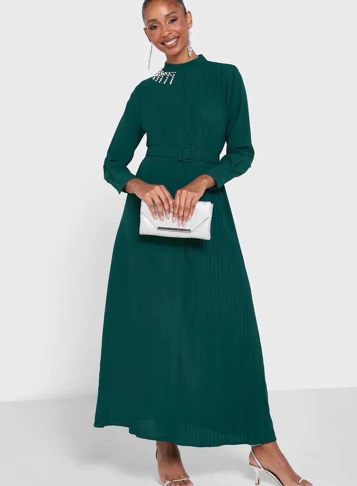 Embellished Detail Belted Dress