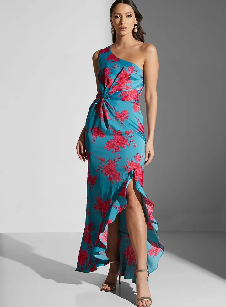 One Shoulder Printed Ruffle Detail Dress