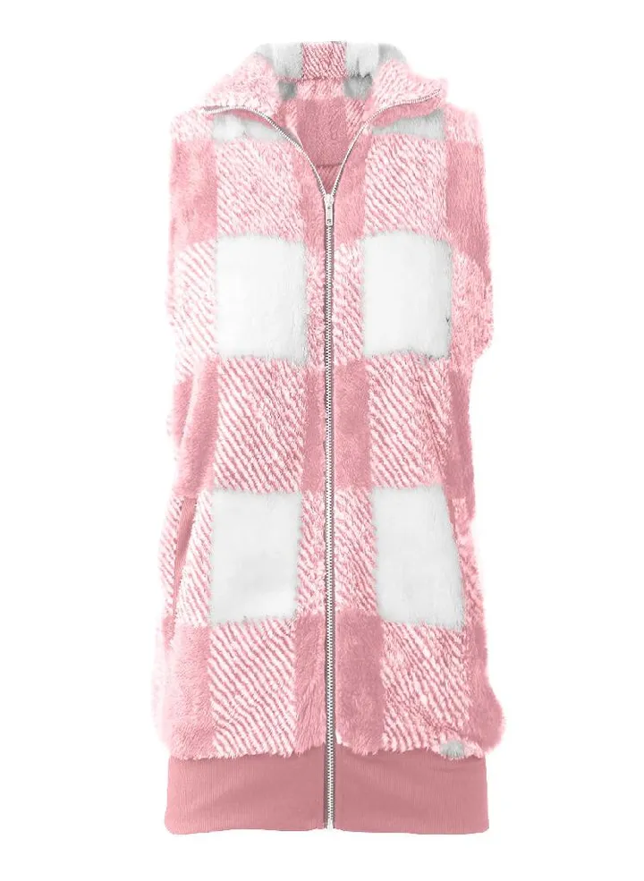 Women's Autumn/Winter Fashion Casual Plaid Plush Zipper Vest Jacket