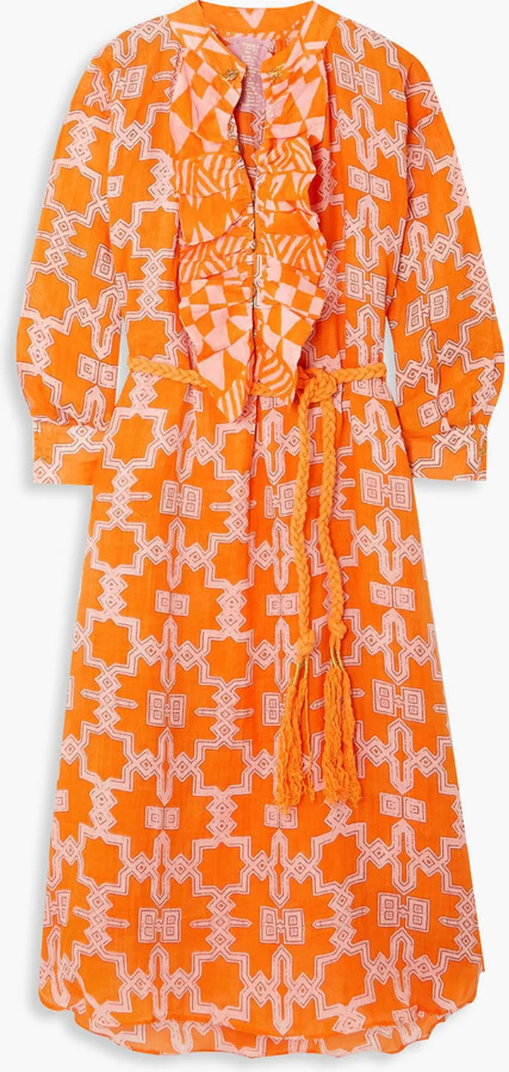 Belted ruffled printed linen midi dress