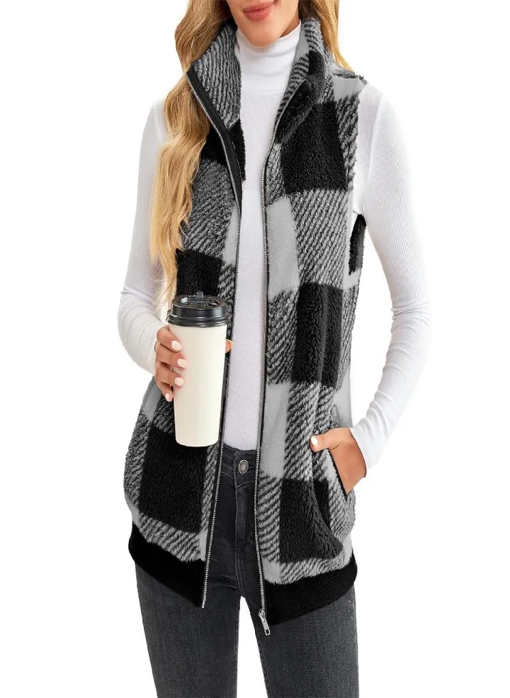 Women's Casual Fashion Sleeveless Vest Stand Collar Zip Plaid Plush Vest