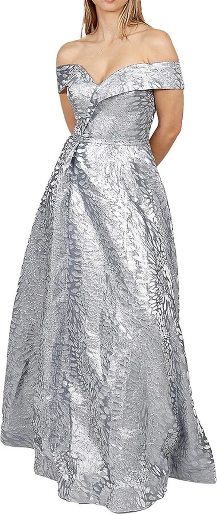 Off-The-Shoulder Metallic Brocade Flare Gown