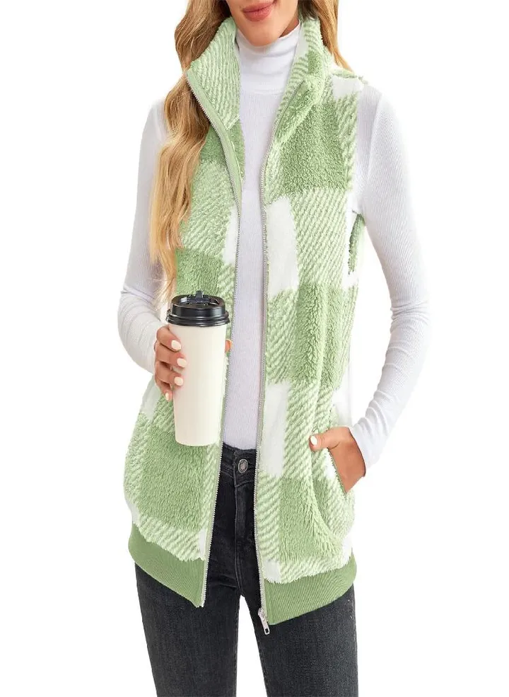 Women's Casual Fashion Sleeveless Vest Stand Collar Zip Plaid Plush Vest