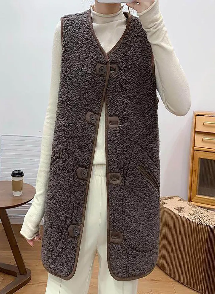 Women Pocket Vest Coat Jacket Winter Sleeveless Fleece on Solid Outerwear