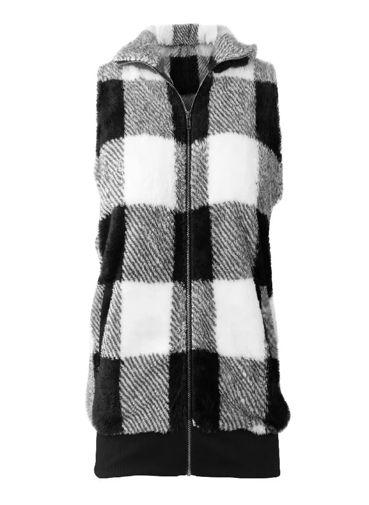 Women's Autumn/Winter Fashion Casual Plaid Plush Zipper Vest Jacket