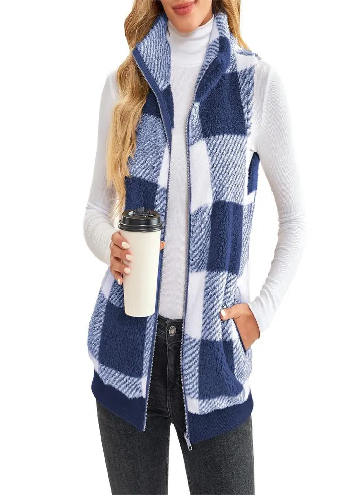 Women's Casual Fashion Sleeveless Vest Stand Collar Zip Plaid Plush Vest