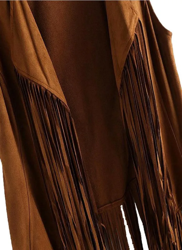 Women Autumn Winter Faux Suede Ethnic Sleeveless Tassel Fringed Vest Cardigan XL