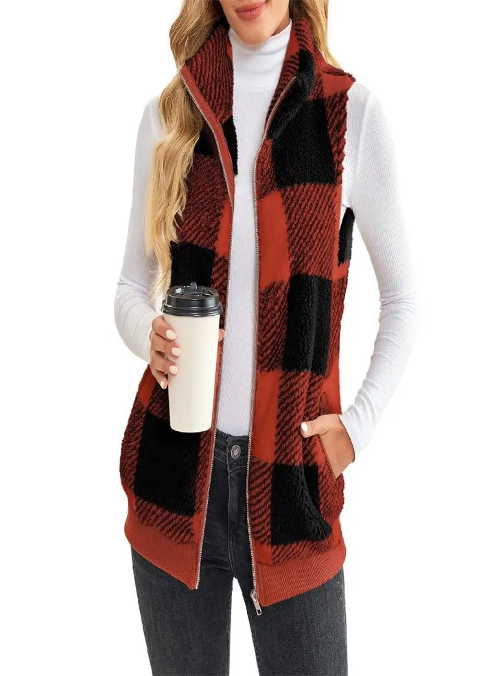 Women's Casual Fashion Sleeveless Vest Stand Collar Zip Plaid Plush Vest