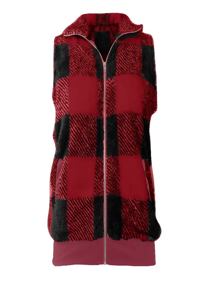 Women's Autumn/Winter Fashion Casual Plaid Plush Zipper Vest Jacket