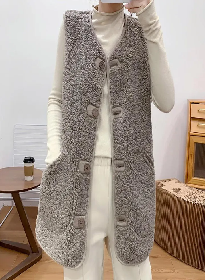 Women Pocket Vest Coat Jacket Winter Sleeveless Fleece on Solid Outerwear