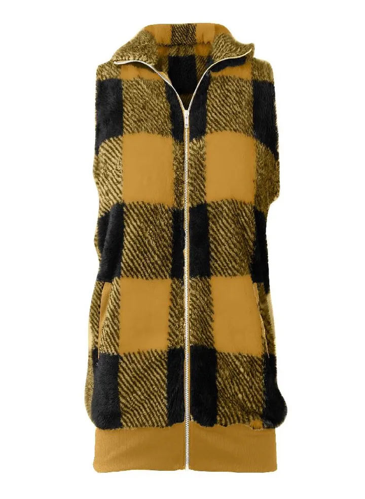 Women's Autumn/Winter Fashion Casual Plaid Plush Zipper Vest Jacket