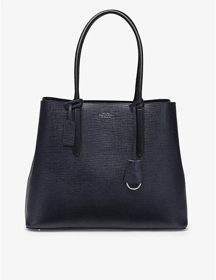 Womens Navy Panama Cross-grain Leather Business Tote bag