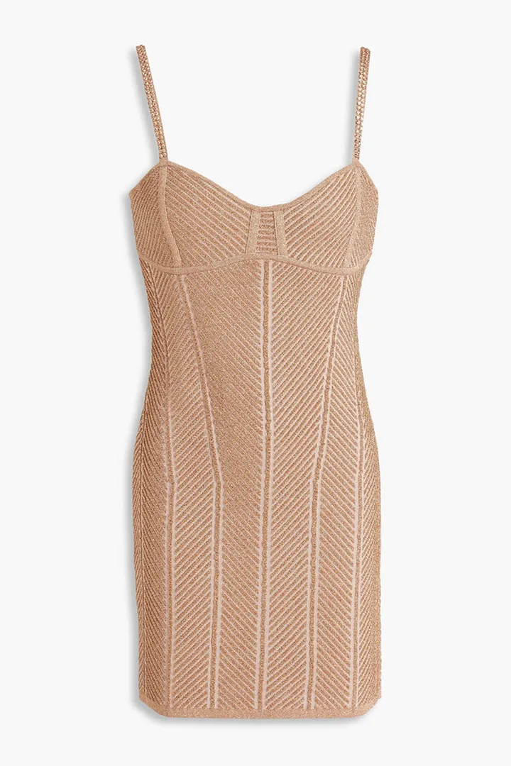 Crystal-embellished metallic ribbed bandage mini dress