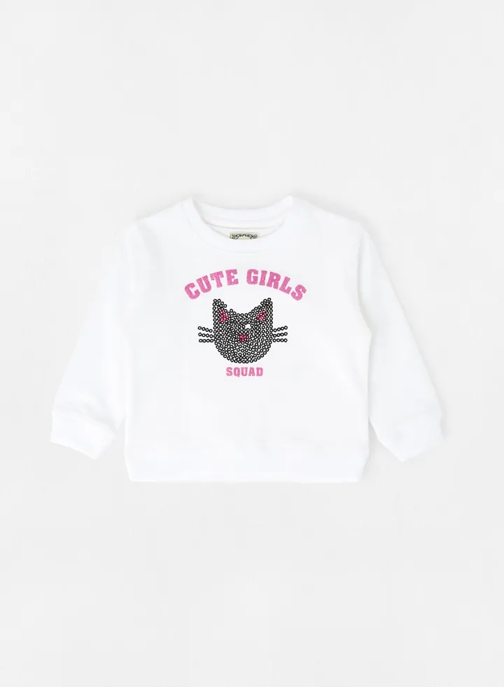 Printed Round Neck Cotton Sweatshirt White