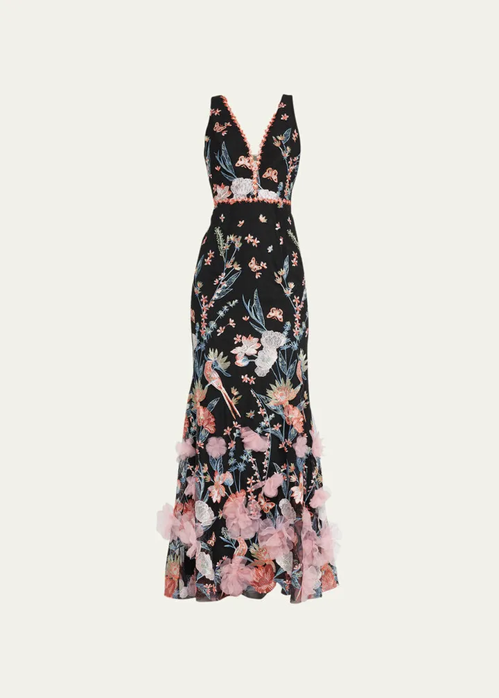 Deep V-Neck Embroidered Tulle Gown