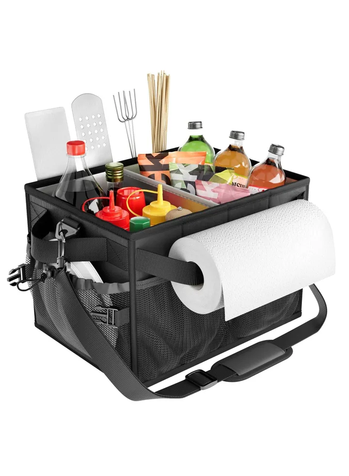 SYOSI Grill Caddy, Collapsible Picnic Basket for Outdoor Camping Barbecue, Barbecue Tools Organizer Must-have Accessories for Barbecue, Camping, Outdoor Barbecue Storage Organizer (Black)