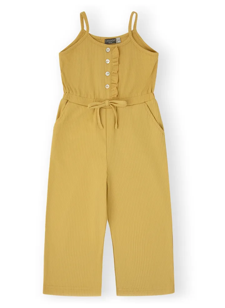 Soft and Comfortable Yellow Cotton Summer wear Jumpsuit for Girls with Ruffle Detail and Pockets