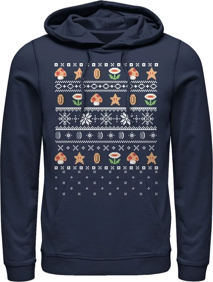 Men's Nintendo Ugly Christmas Mario Points Pull Over Hoodie - Navy Blue - 2X Large